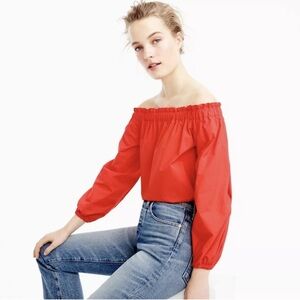 J.Crew Poplin Off The Shoulder Ruffle Long Sleeve Red Top Size 0 Women's